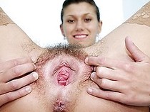 Amanda Vamp opens her bushy cunt with medical specula